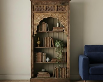 Antique Carved Arch Repurposed Bookcase | 110" Tall Ranch Style Solid Wood Display Cabinet | Farmhouse Distressed Bookshelf