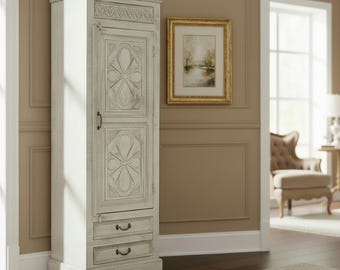 Vintage Solid Wood Carved Distressed White Narrow Armoire With Drawers | 24" Narrow Closet | 80" Tall Storage Cupboard