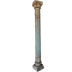 Early 1900s Antique Solid Teak Wood Carved 104 in. Tall Columns With Stone Base [Set Of 2] | Old Rustic Columns | Distressed Blue Columns