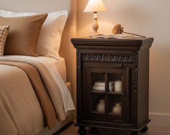 Transitional Style Hand Carved Nightstand With Glass Door | Compact Narrow Queen Bedside Table | End Table With Storage