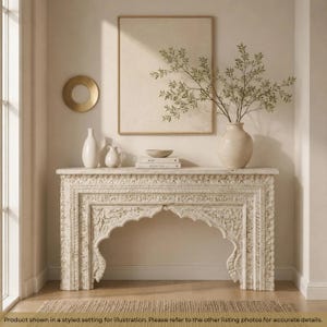 60" Long Hand Carved Distressed Sofa Table | Solid Wood Farmhouse Console | Arched Mediterranen Design Console