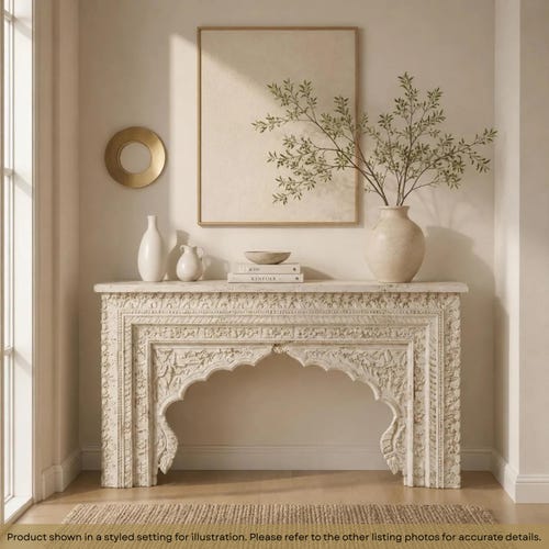 60" Long Hand Carved Distressed Sofa Table | Solid Wood Farmhouse Console | Arched Mediterranen Design Console