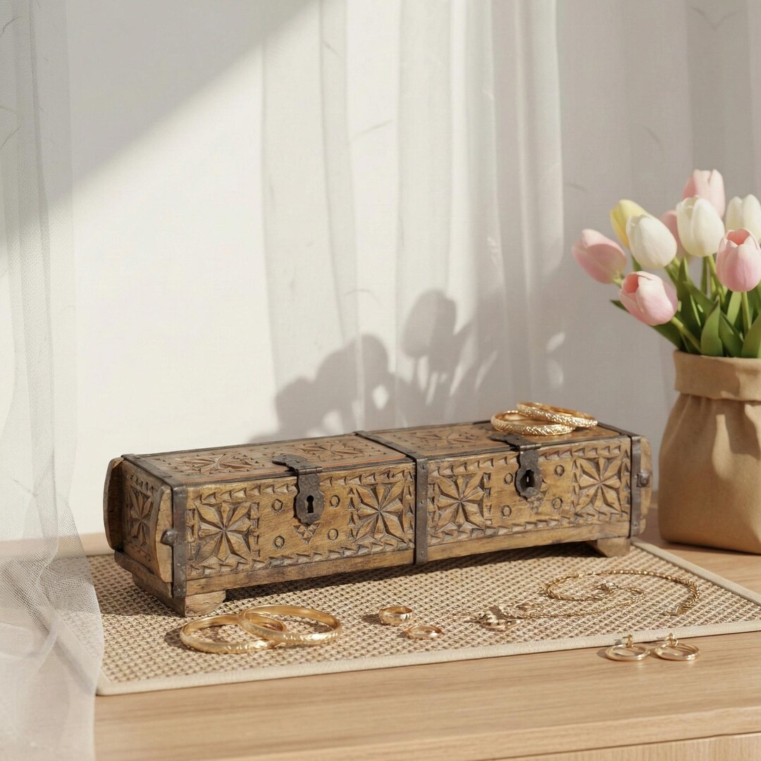 Rustic 23" Hand Carved Wooden Keepsake Box for Photos & Jewelry | Large ...