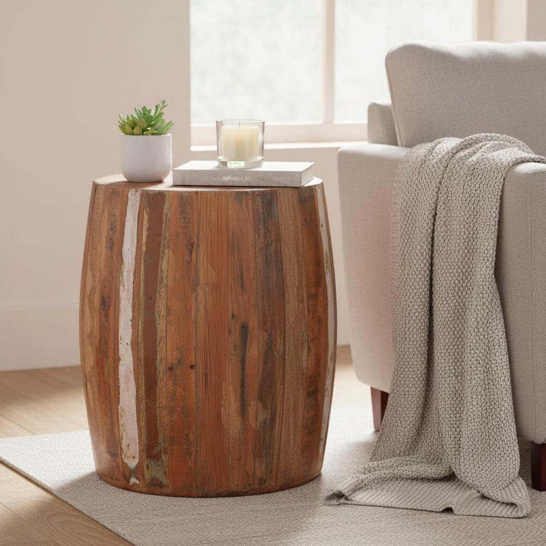 Handcrafted Round Reclaimed Wood Side Table | Rustic Farmhouse End ...
