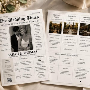 May include: A wedding newspaper-style invitation with the headline "The Wedding Times" and the names "Sarah & Thomas." The invitation includes a black and white photo of the couple, event details, and local recommendations.