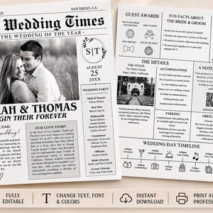 May include: Black and white wedding newspaper template with the headline "The Wedding Times." The front page features a photo of a couple and the text "Sarah & Thomas Begin Their Forever." Includes wedding details and timeline.
