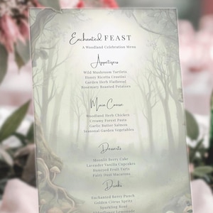 May include: A menu titled "Enchanted Feast" with a woodland theme. The menu lists appetizers, main courses, desserts, and drinks. The background features a misty forest scene with trees and mushrooms.