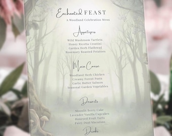Modelo de menu para casamento em bosque encantado, chá de panela com tema de fadas da floresta (download digital 5x7)