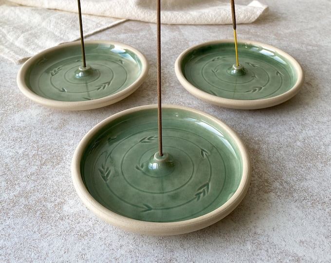 Green round ceramic incense stick holder, handmade pottery incense burner, home decor gift for meditation lover