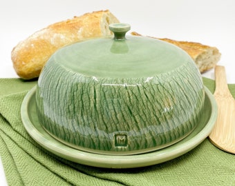 Green ceramic covered butter dish, stoneware butter dish with lid, handmade kitchen decor gift