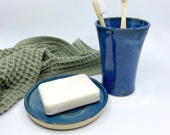 Porte-savon en spirale et porte-brosses à dents, set d'accessoires de salle de bain et décor, cadeau en poterie fait main