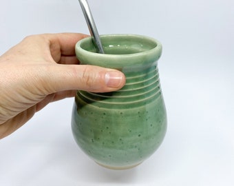 Green ceramic yerba mate gourd, handmade pottery calabash cup, pottery mug for yerba mate lovers