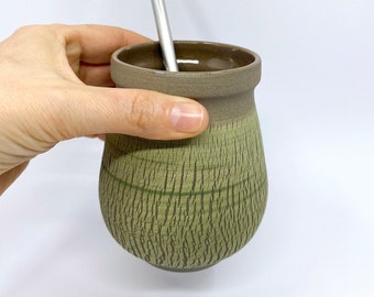 Green ceramic yerba mate gourd, stoneware pottery yerba mate mug, pottery gift for yerba mate lover