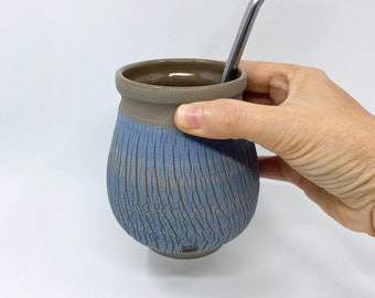 Blue ceramic yerba mate calabash, handmade pottery yerba mate gourd, stoneware yerba mate mug, pottery gift for yerba mate lover