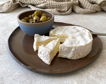 Service à tapas en grès, assiette à snack avec petit bol, service de table, ustensiles de cuisine en poterie faits à la main