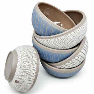 May include: A stack of four ceramic bowls and one separate bowl, each featuring a distinct crackle glaze finish. The bowls alternate between a light blue and a white exterior, with a smooth, unglazed brown clay rim and interior base.