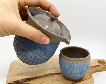 Shiboridashi / blue Japanese teapot 180 ml with cup 80ml, handmade ceramic tea set