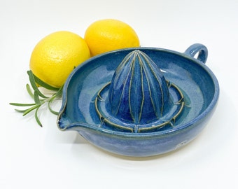 Blue ceramic lemon squeezer with handle, manual citrus reamer with strainer, kitchen cooking utensil, home decor gift