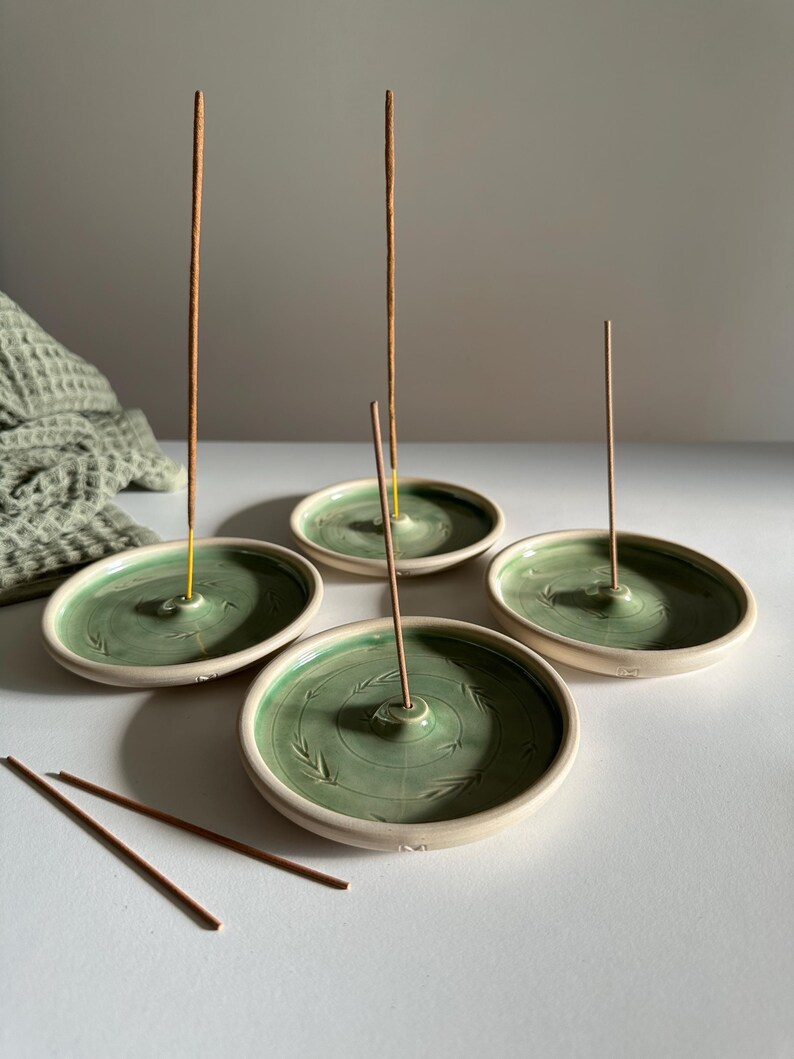 Handmade Green Ceramic Incense Holder: Pottery Meditation Decor