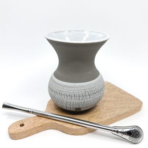 Handmade Ceramic Yerba Mate Cup: White Grey Stoneware Cuia - 250ml