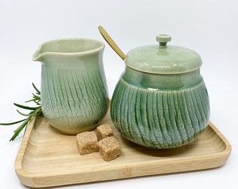 Green set of ceramic sugar bowl and creamer, handmade milk jug and lidded sugar bowl, new kitchen decor gift
