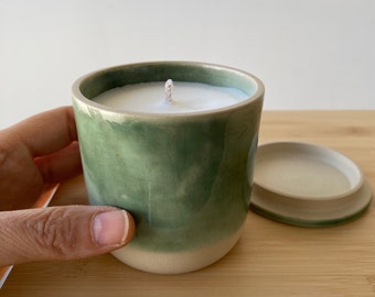 Jasmine natural candle, scented soy candle in ceramic jar, handmade pottery home decor