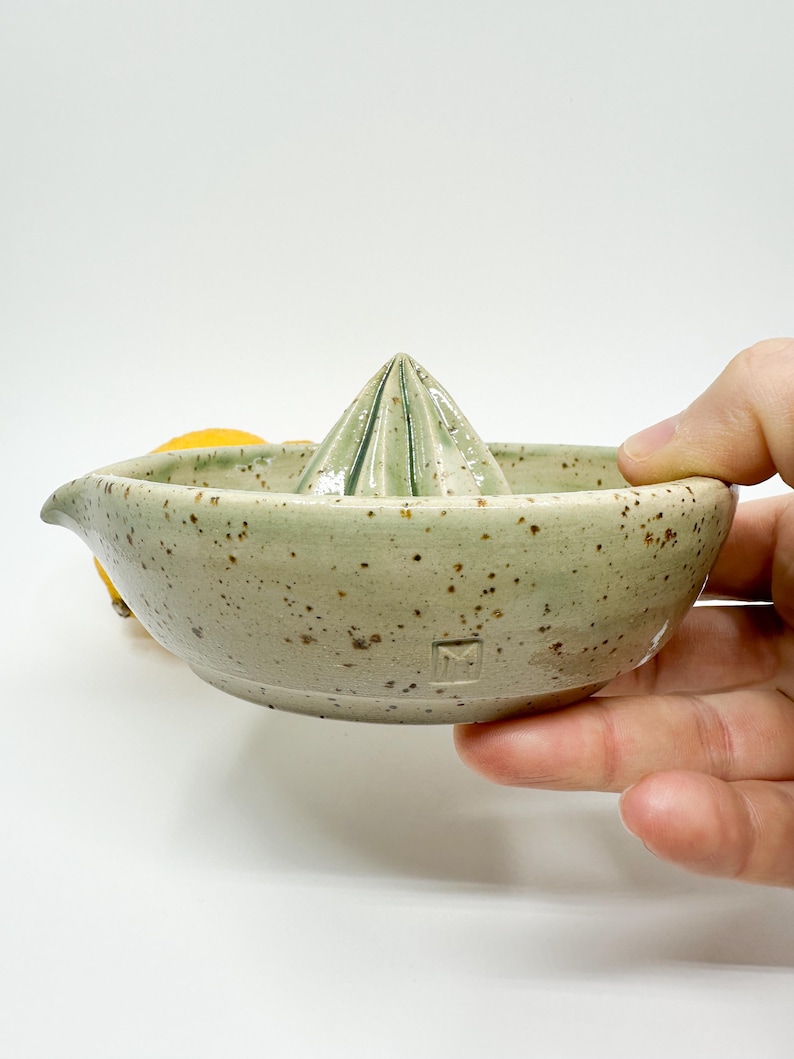 Speckled Ceramic Lemon Squeezer: Green Citrus Juicer, Handmade Kitchen Accessory