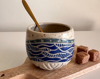 Handmade Ceramic Coffee Cup with Blue Waves 200 ml – Speckled Stoneware