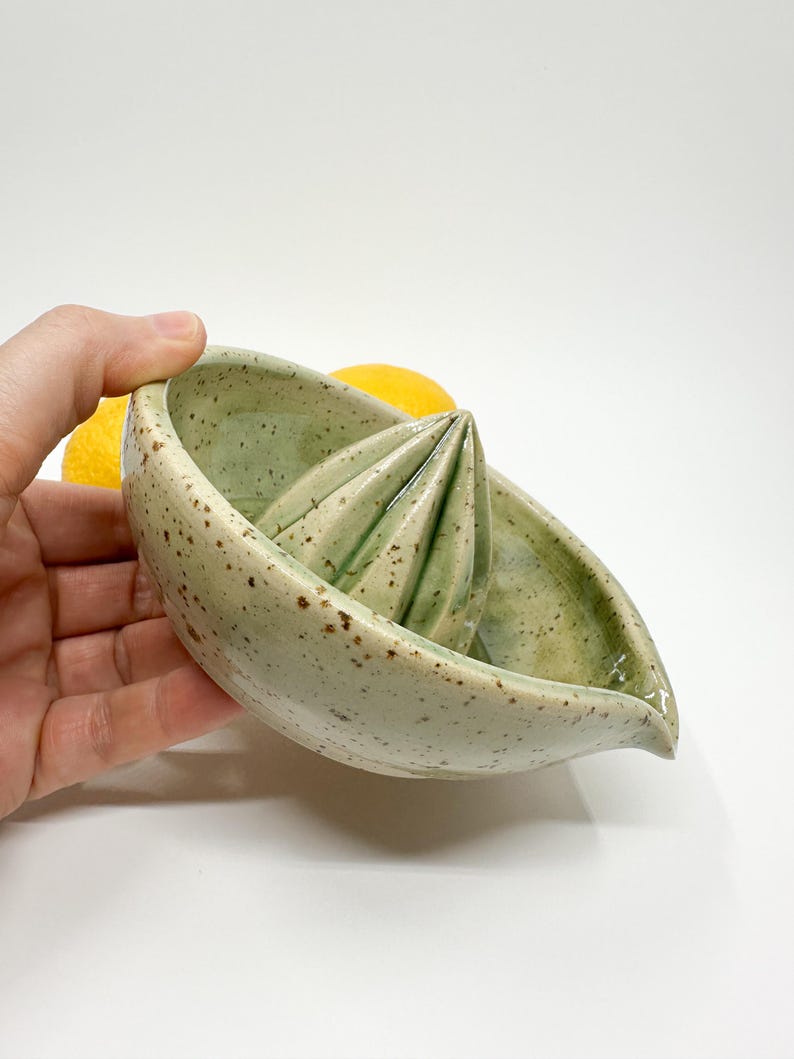 Speckled Ceramic Lemon Squeezer: Green Citrus Juicer, Handmade Kitchen Accessory