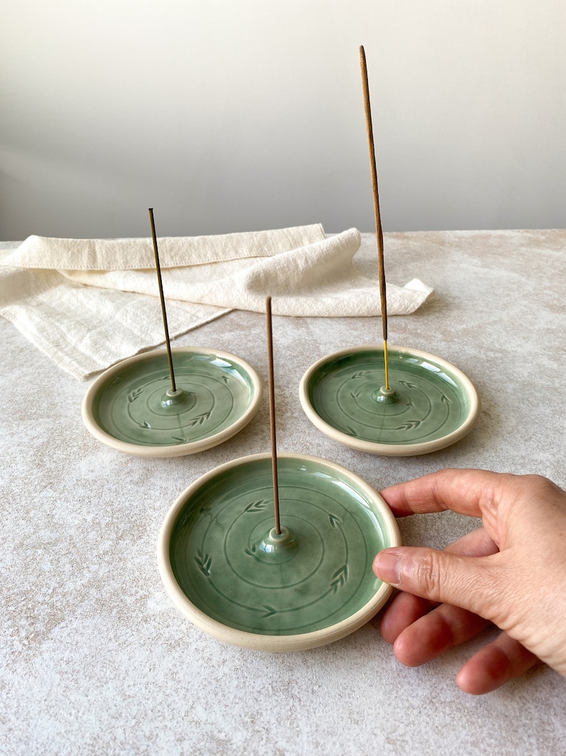handmade green round ceramic incense holders for meditation and yoga practice