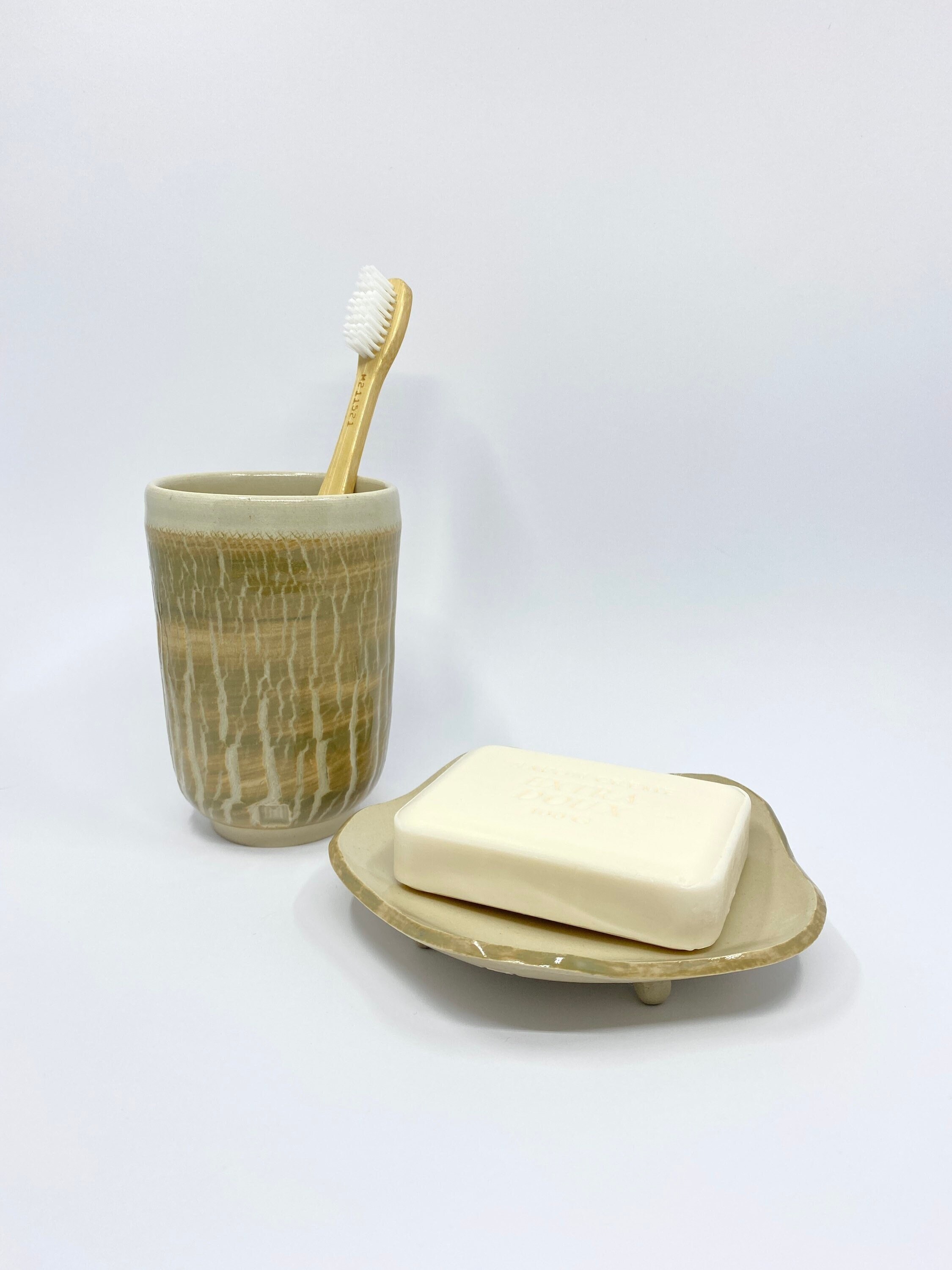 Porte-Savon et Porte-Brosse à Dents Fabriqués La Main, Ensemble de Salle Bain en Céramique, Poterie 