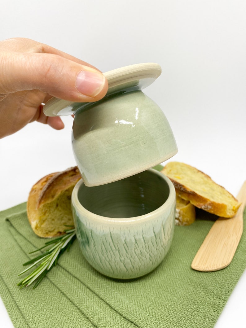 Green small french butter holder for modern kitchen.