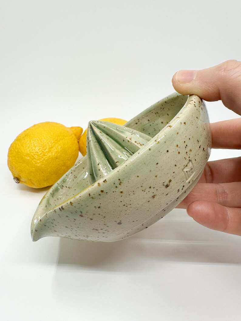 Speckled Ceramic Lemon Squeezer: Green Citrus Juicer, Handmade Kitchen Accessory