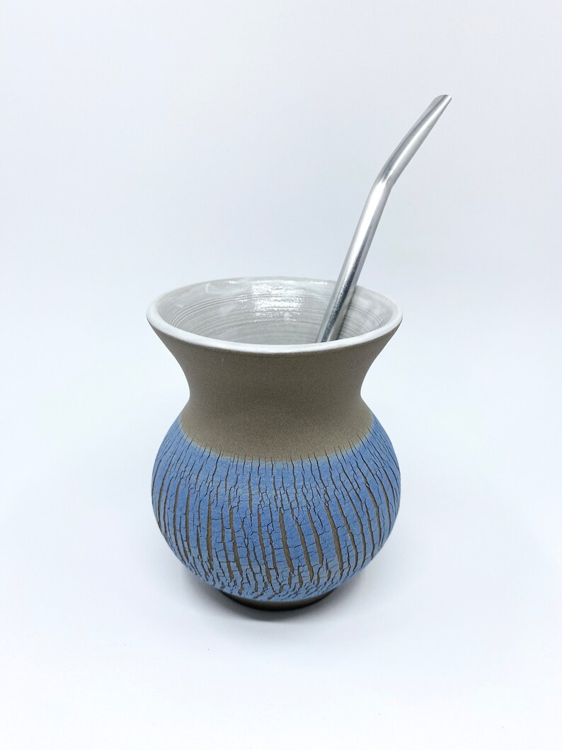 Blue ceramic yerba mate mug in brazilian cuia style