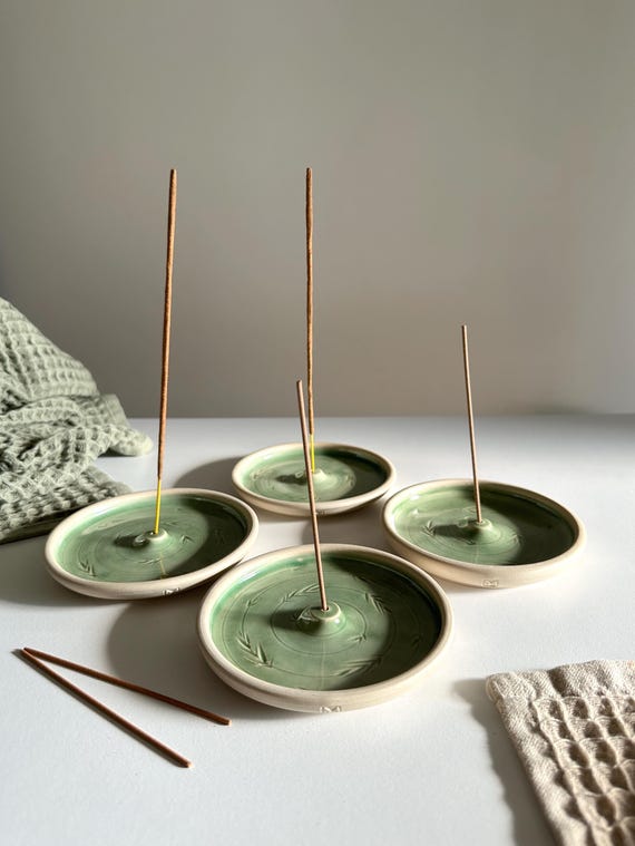 Handmade Green Ceramic Incense Holder: Pottery Meditation Decor