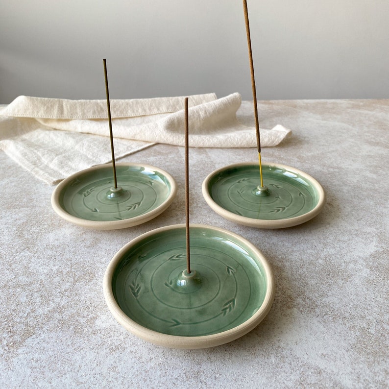 Green round ceramic incense stick holder with floral motive, gift for meditation lover.