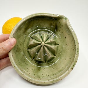 Speckled Ceramic Lemon Squeezer: Green Citrus Juicer, Handmade Kitchen Accessory