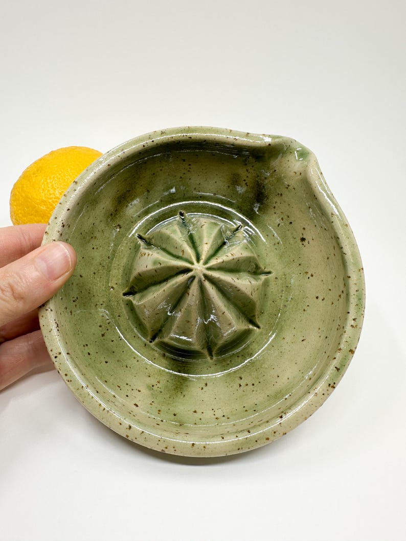 Speckled Ceramic Lemon Squeezer: Green Citrus Juicer, Handmade Kitchen Accessory
