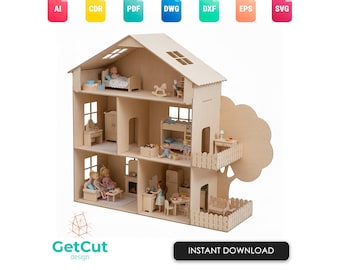 Doll House SVG & DXF – Laser Cut Wooden Toy Dollhouse Template, DIY Miniature Furniture House Digital File