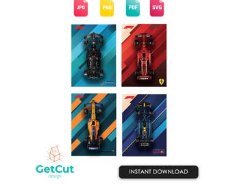 Formel 1 Technic-stil affischpaket SVG & DXF – Ferrari, McLaren, Mercedes och Red Bull digital väggkonst, utskrivbar F1-teamdekor