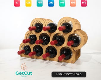 Wine Rack SVG & DXF – Laser Cut Wooden Bottle Display Stand Template, Digital Wine Storage Organizer File