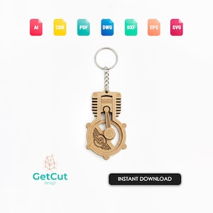 May include: A wooden keychain featuring an engine design with a piston and a circular element. The keychain is attached to a silver-colored ring. The word "Garage" is visible on the circular element. The image also includes file type icons and the text "INSTANT DOWNLOAD".