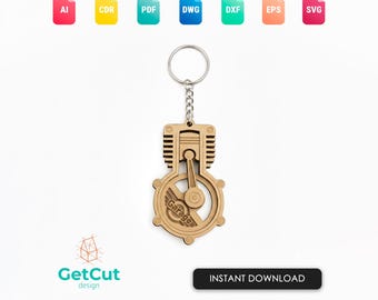 Engine Keychain SVG & DXF – Laser Cut Wooden V8 Engine Keyring Template, DIY Car Enthusiast Gift File
