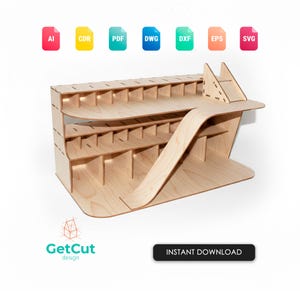 May include: A wooden desk organizer with multiple shelves and a ramp-like feature. The organizer is made of light-colored wood and has a modern design. The image also includes icons for various file formats and the text "Instant Download".