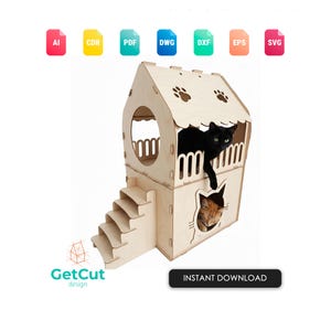 May include: A wooden cat house with a house-shaped design, featuring a staircase and multiple openings. A black cat is visible in the upper level, and an orange cat is in the lower level. The text "GetCut design" and "INSTANT DOWNLOAD" are also present.