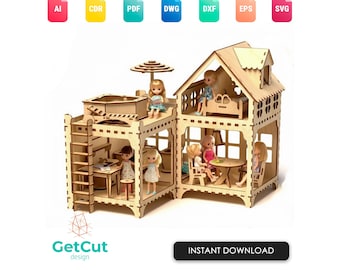 Doll House Laser Cut Files SVG, DXF – Wooden Miniature Dollhouse Template, Diy 3-D Playhouse Kit for Laser, CNC