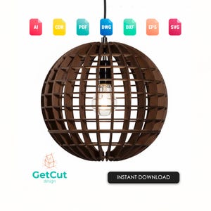 May include: A brown wooden pendant light fixture with a spherical, cage-like design. The light bulb is visible inside the sphere. The image includes the text "GetCut design" and "INSTANT DOWNLOAD".