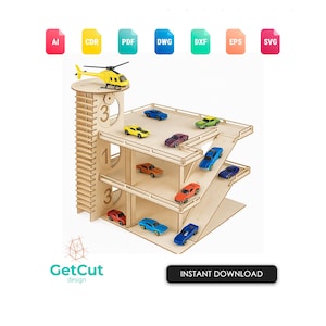 May include: A wooden toy parking garage with multiple levels and ramps, featuring miniature cars in various colors. A yellow helicopter sits atop the structure. The design includes the text "GetCut design" and "INSTANT DOWNLOAD".