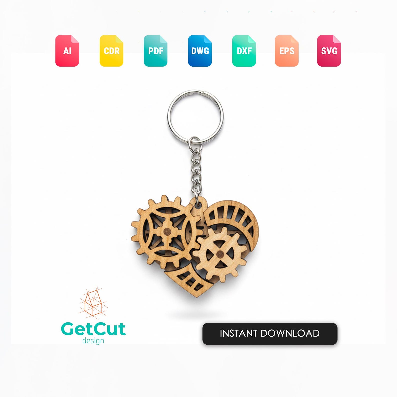 Key Ring File Heart Keychain SVG & DXF – Laser Cut Wooden Keyring Template, Love Gift ...