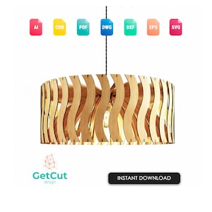 Puede incluir: Lámpara colgante de madera con diseño ondulado. La lámpara es de madera marrón claro y tiene un cable negro. Los textos "GetCut design" y "INSTANT DOWNLOAD" son visibles.
